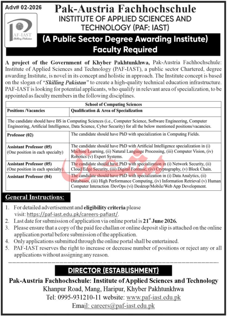 Teaching Positions At PAF Institute Of Applied Sciences